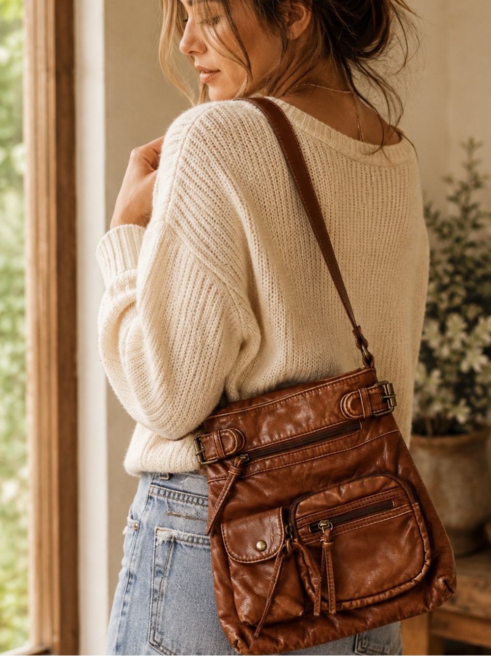 Scarleton Cognac Brown Slouchy Crossbody Bag Boho Utility Multi Pocket Purse